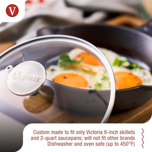 Victoria Round 8-Inch Glass Lid for Cast Iron Skillet or Pan w Stainless Knob - Picture 8 of 10